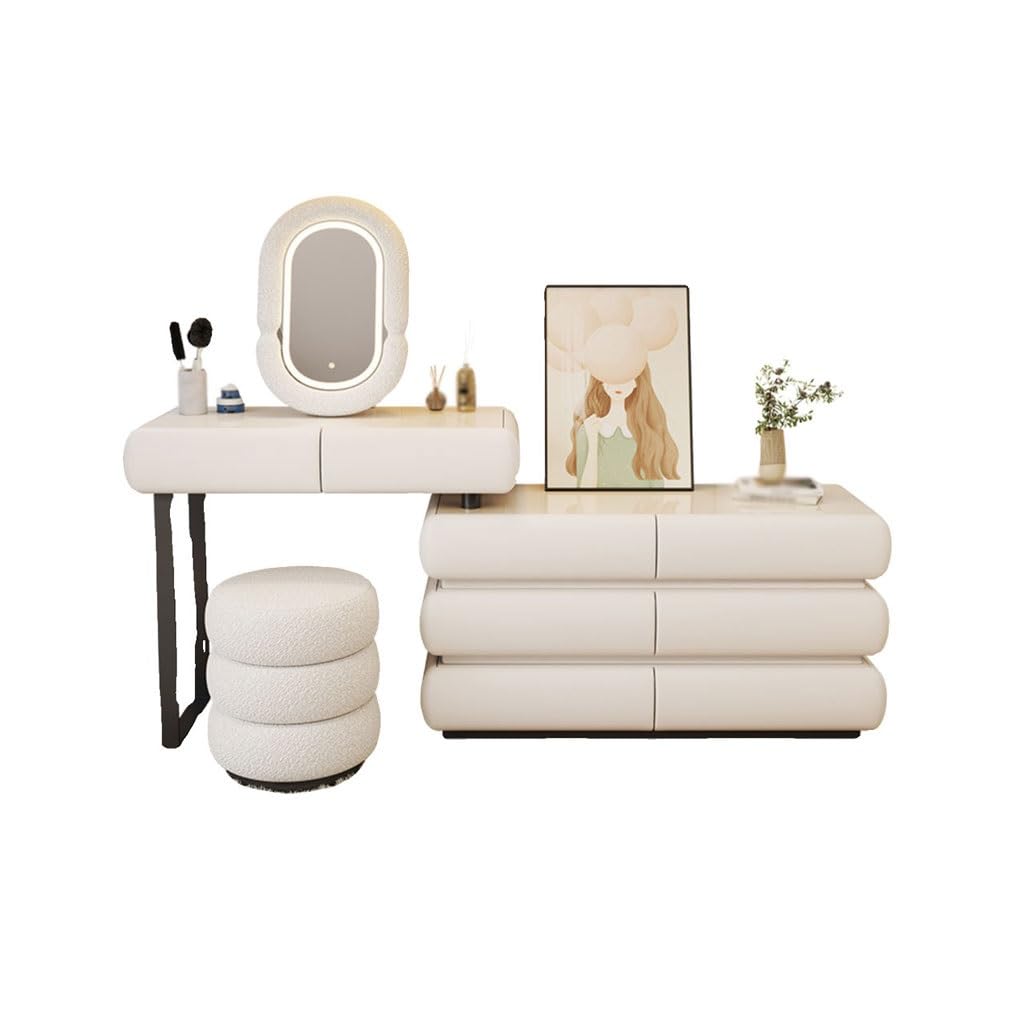 Cream White Vanity Desk with 6 Drawers