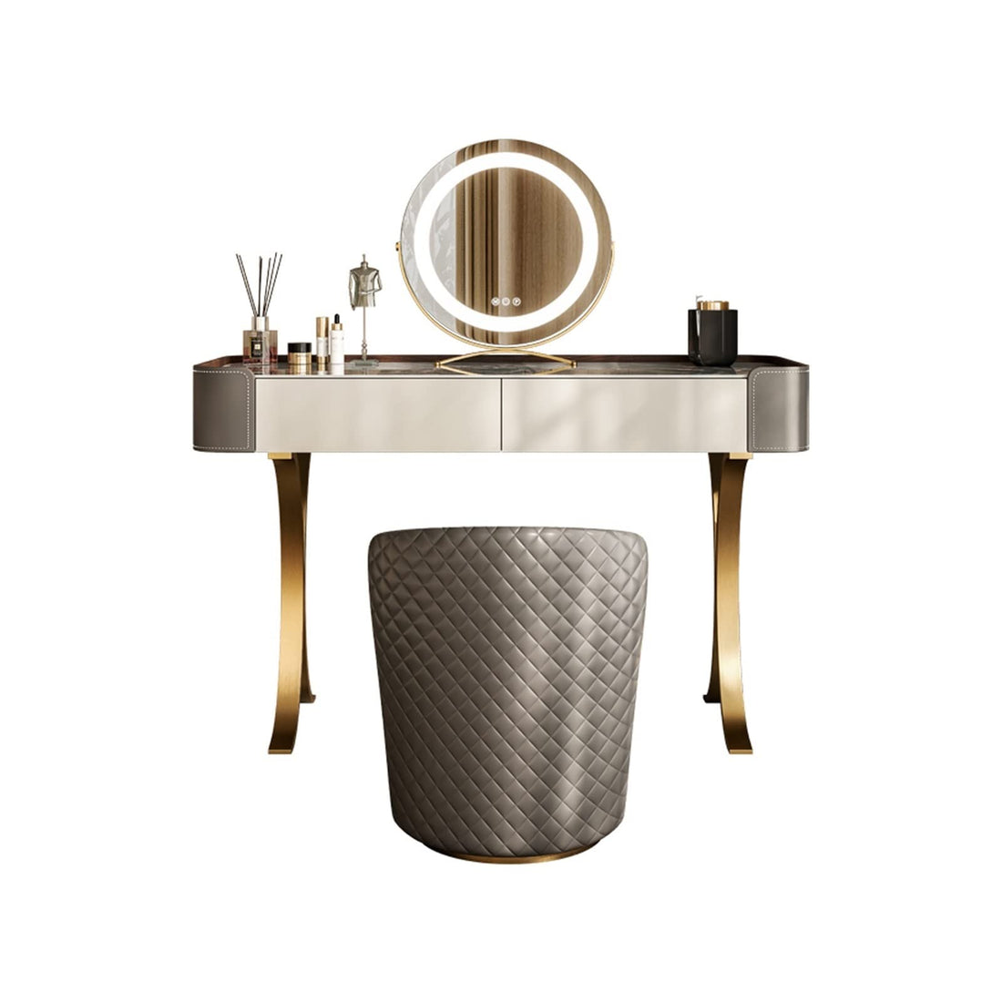 Modern Vanity Desk with Mirror and Stool