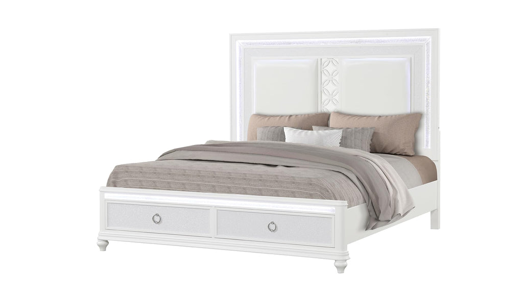 White Upholstered LED Storage Bed Frame