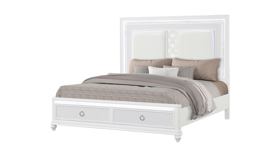 White Upholstered LED Storage Bed Frame