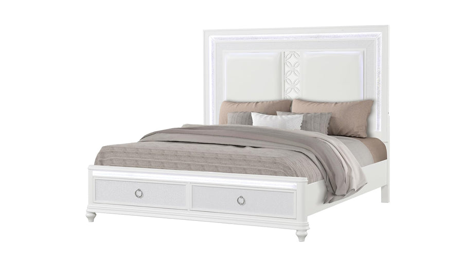 White Upholstered LED Storage Bed Frame