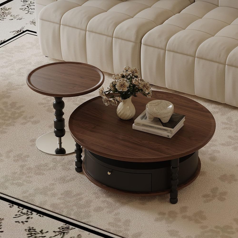 Round Coffee Side Table Set with Drawer