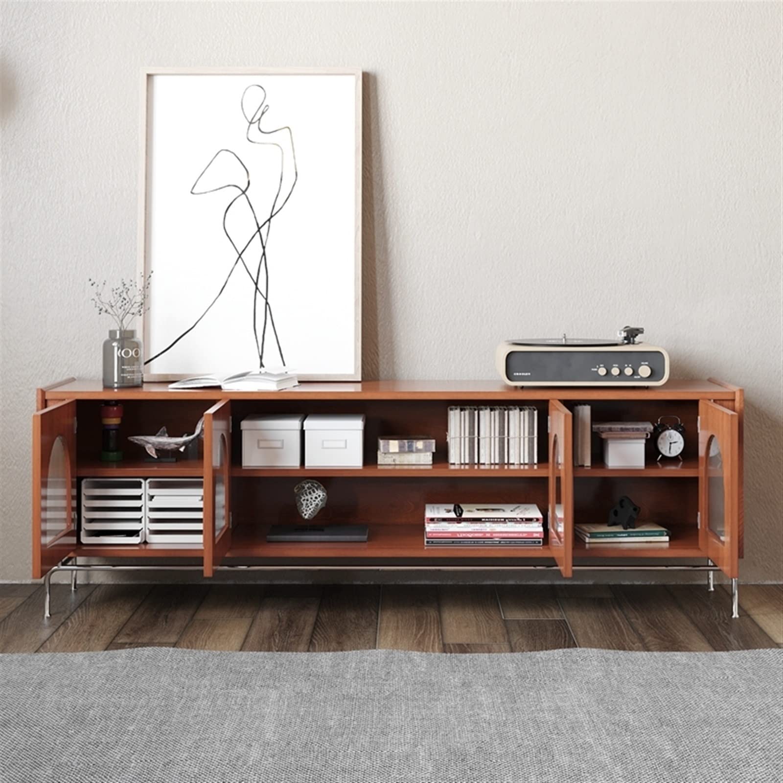 Retro TV Stand with Glass Door Storage