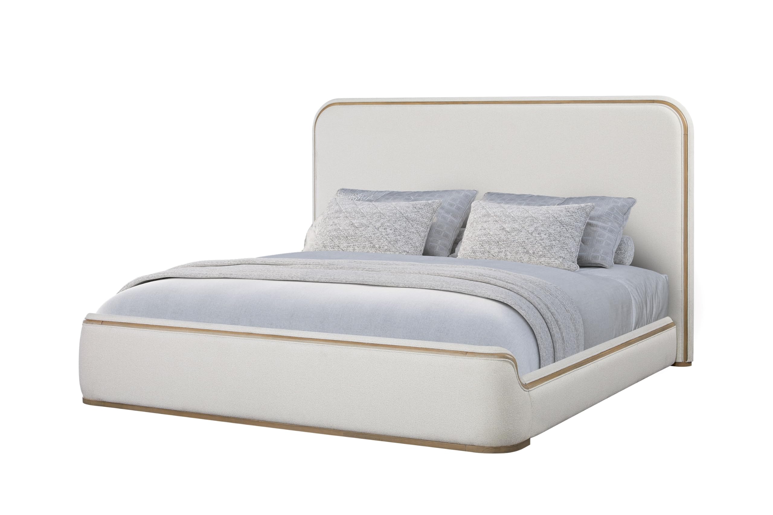 Peanu King Bed Frame, Upholstered, Rounded Headboard, White Sand