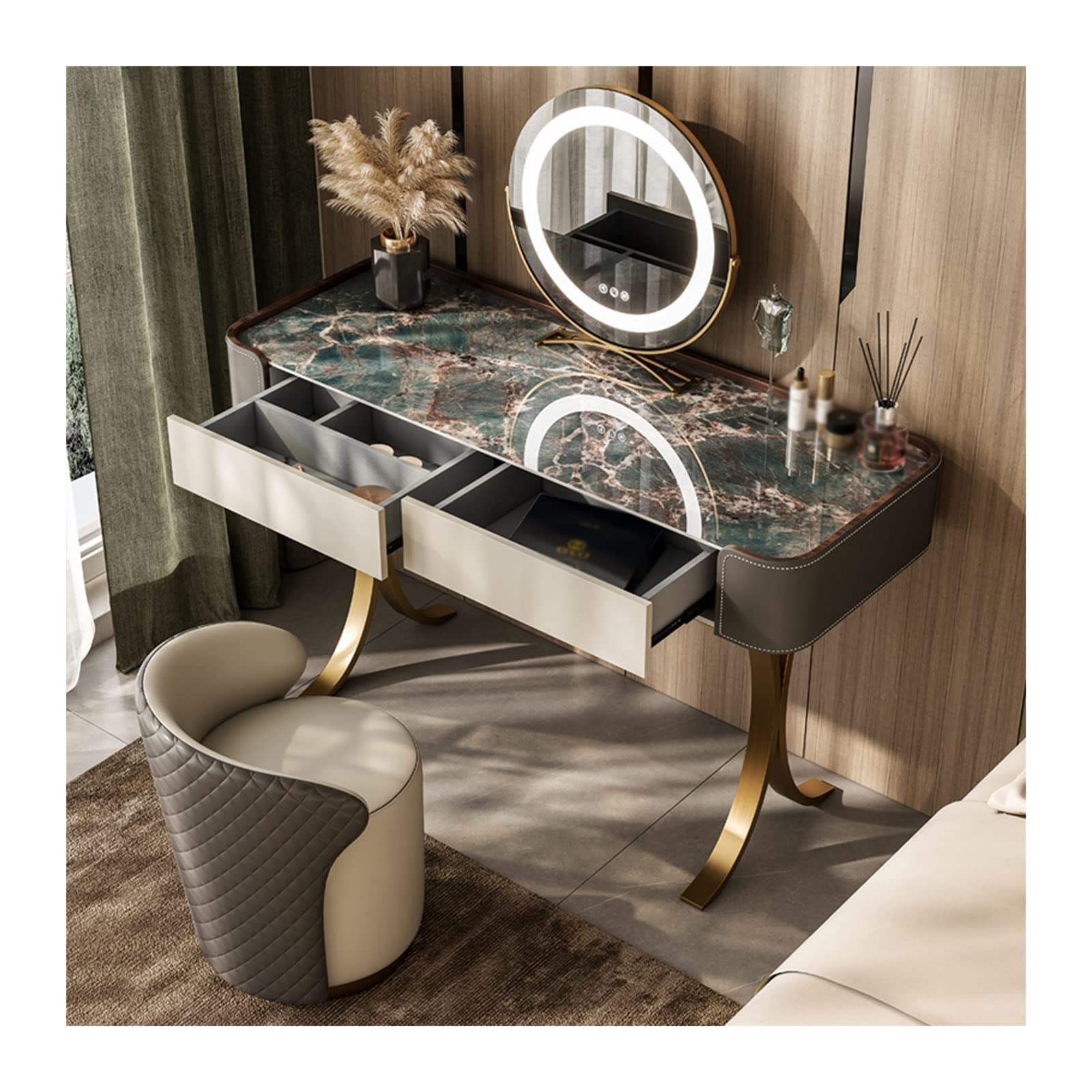Modern Vanity Desk with Mirror and Stool