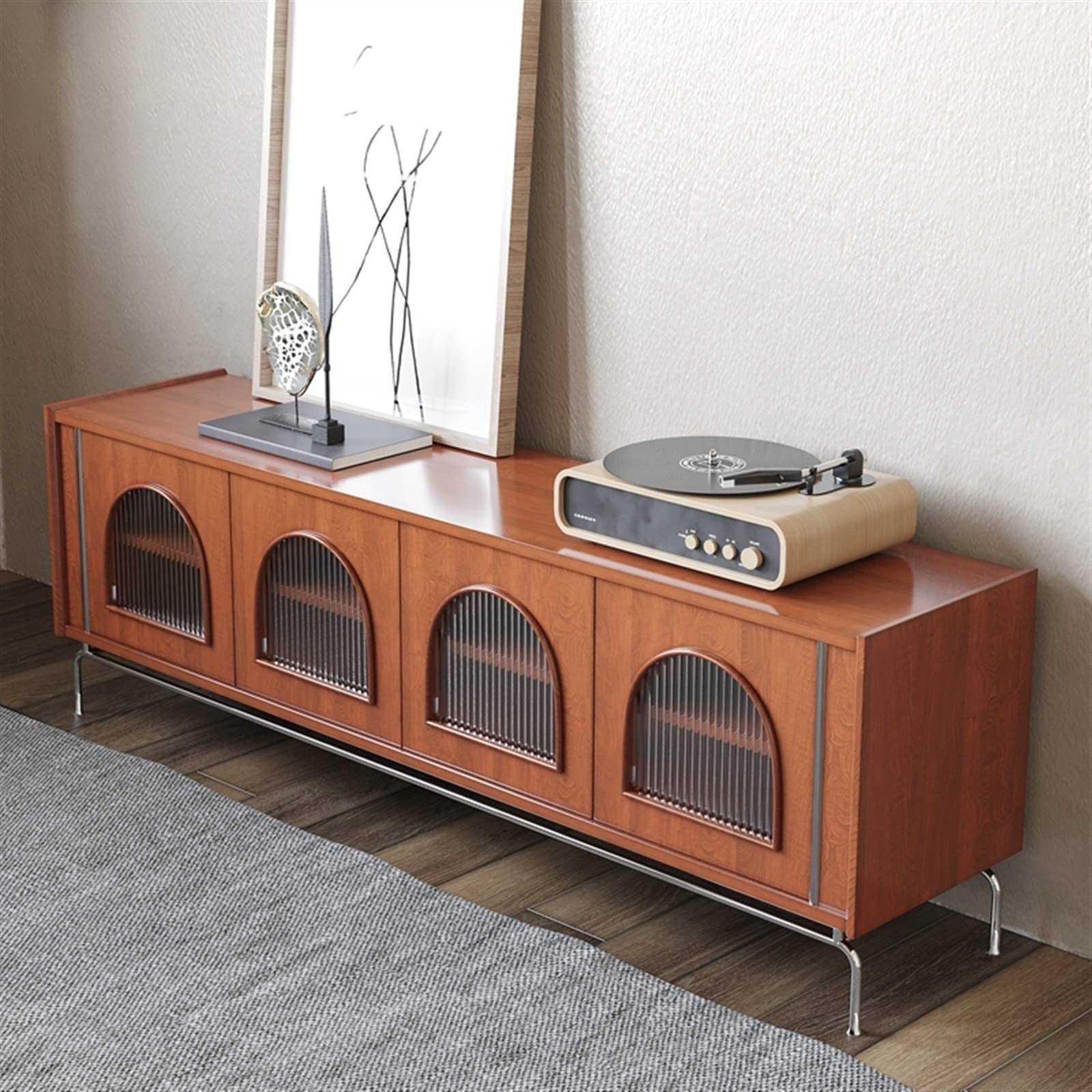 Retro TV Stand with Glass Door Storage