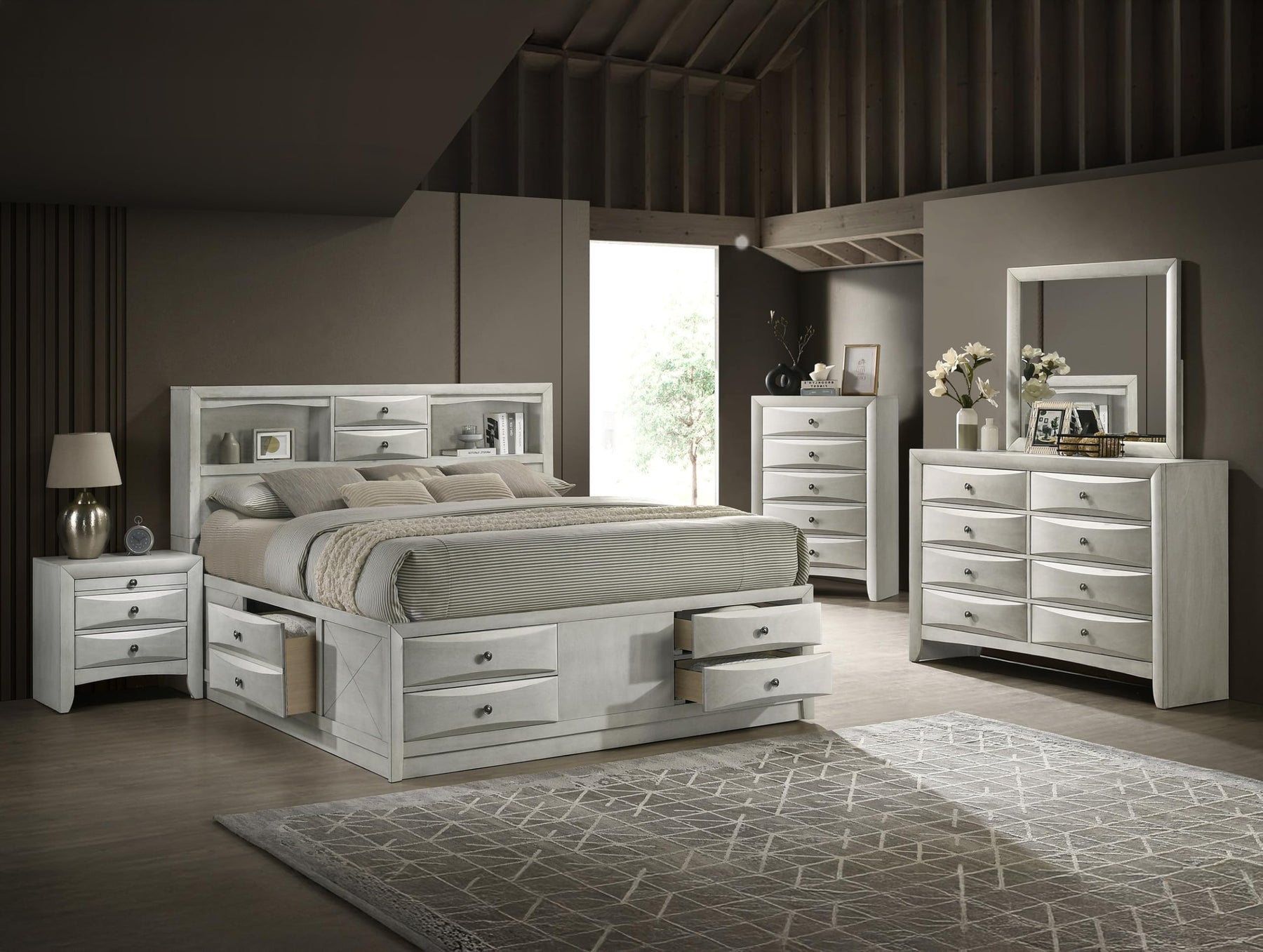Peanu Queen Bed Frame, Bookcase Headboard