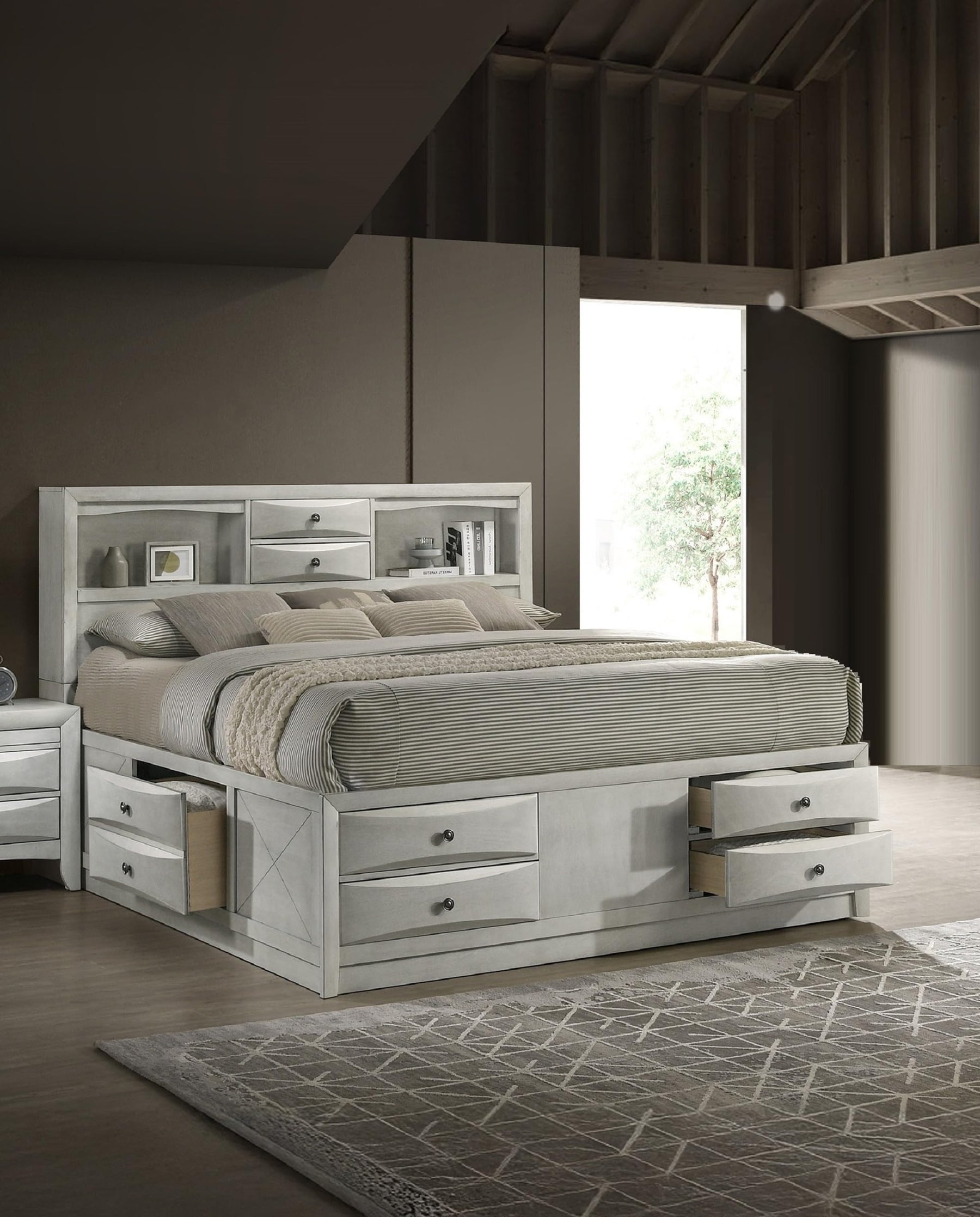 Peanu Queen Bed Frame, Bookcase Headboard