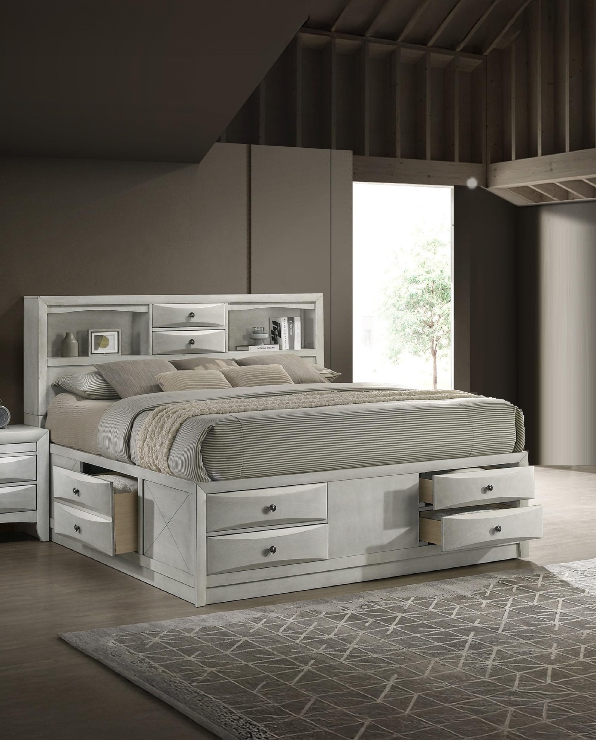Peanu Queen Bed Frame, Bookcase Headboard, White Wood Storage
