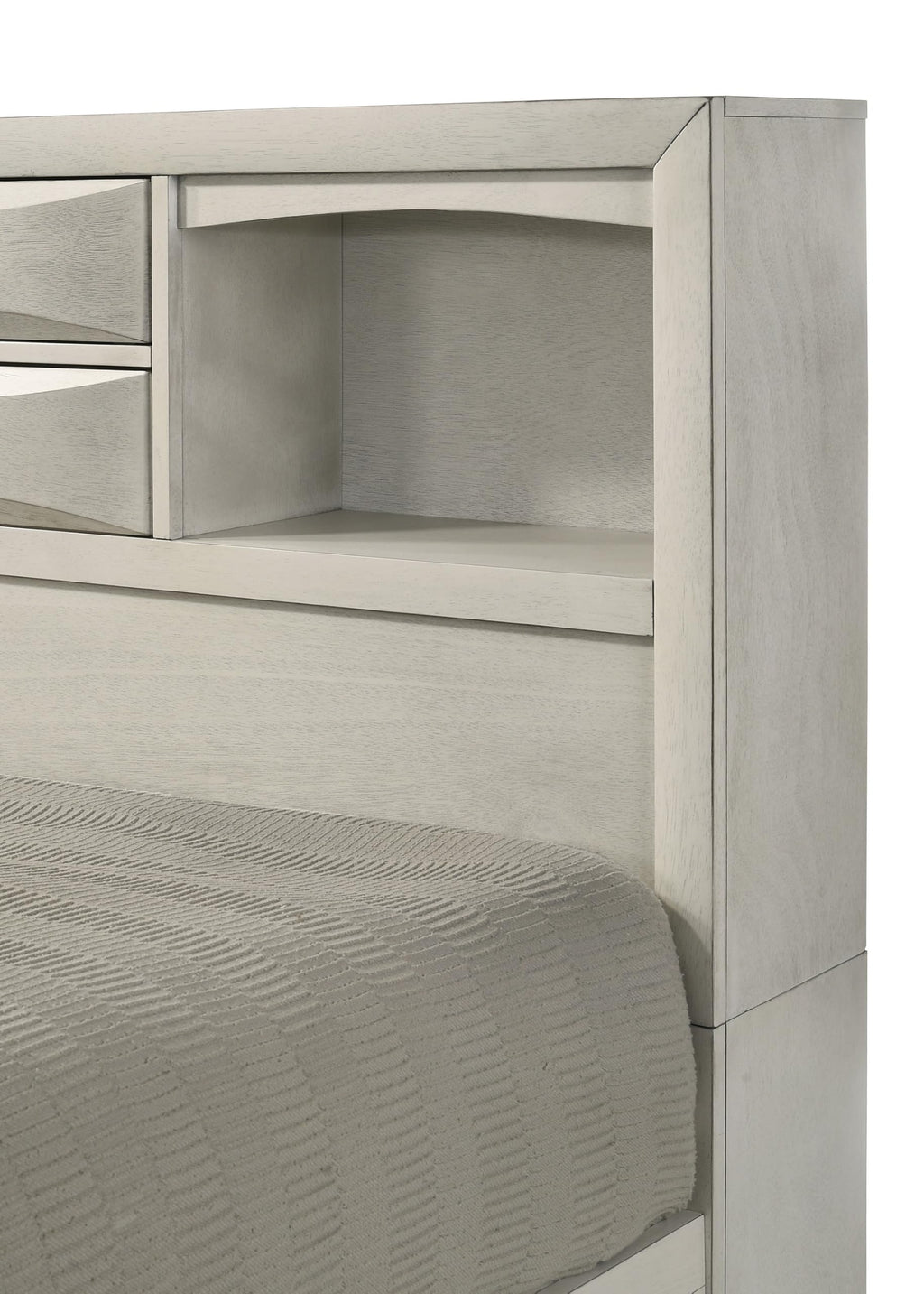 Peanu Queen Bed Frame, Bookcase Headboard, White Wood Storage